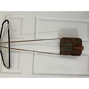 Brown Embossed faux Leather Crossbody Bag with Turquoise Studs and Tassel
